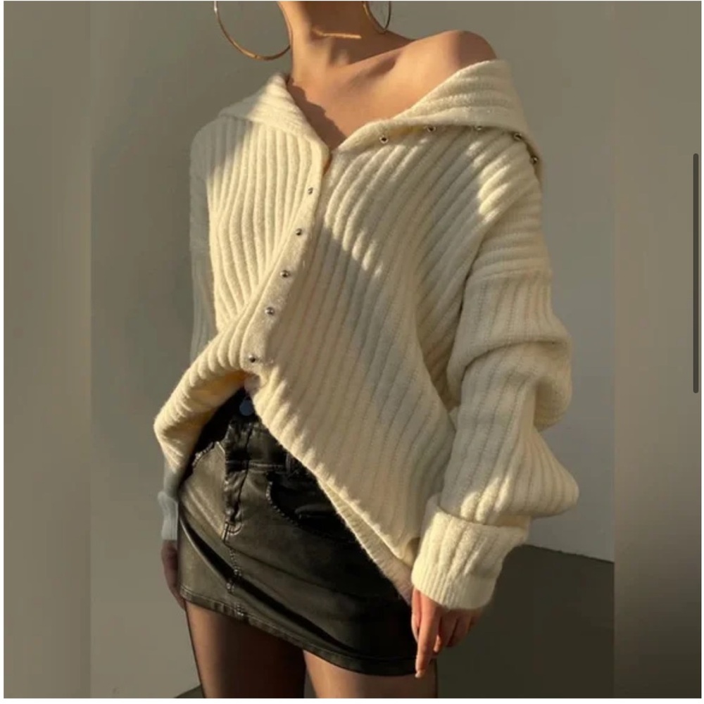 Commense Ivory Ribbed Oversized Collar Cardigan Sweater XL